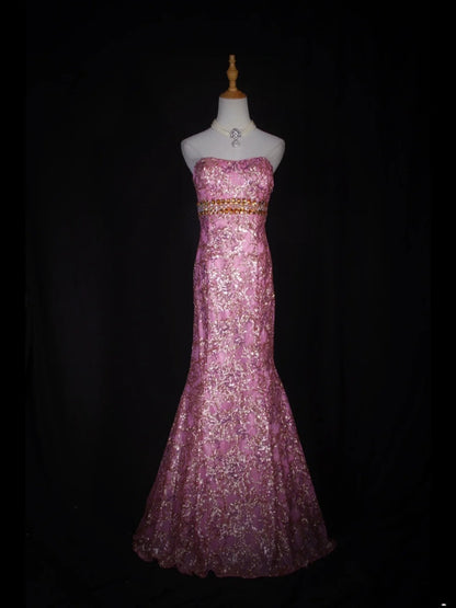 Vintage Meerjungfrauen-Abendkleid im 80er-Jahre-Stil, trägerlos, pinkfarben mit Pailletten und goldenen Perlen, Inspiration für das Outfit zum 20. Geburtstag, formelles Abendkleid AS317