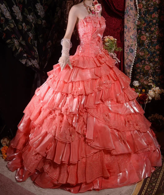 Regal Ball Gown Formal Events Strapless Coral Pink With Tiered Layers Lace Quince Dress Long Quinceanera Dresses Birthday Outfits RB8549