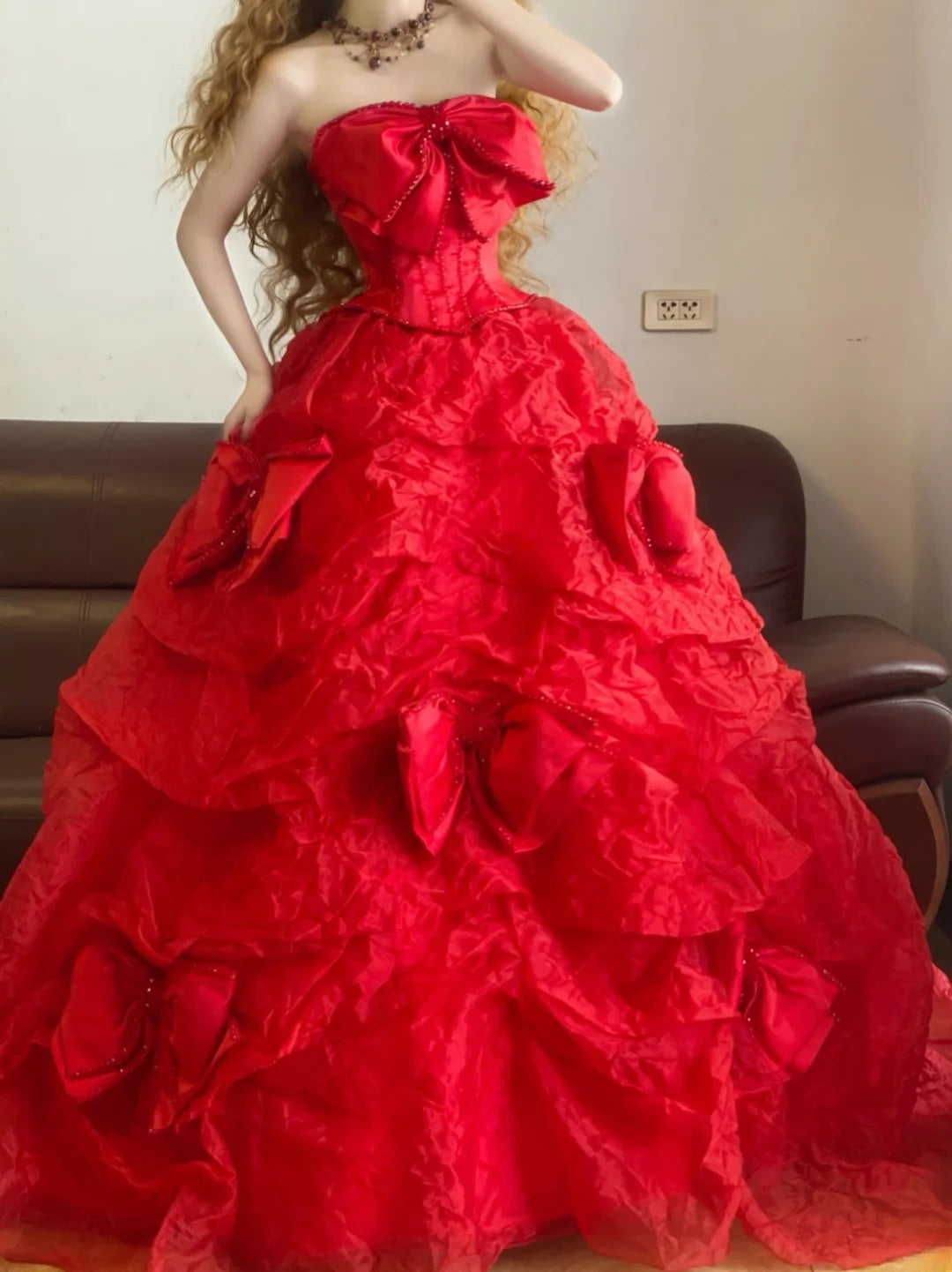 Prom Dress Elegant Ball Gown Strapless Red With Bow-knot Formal Evening Gown for Graduation Party RB9367