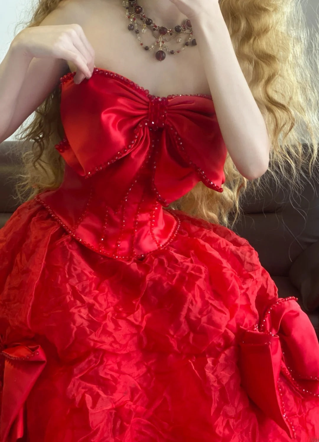 Prom Dress Elegant Ball Gown Strapless Red With Bow-knot Formal Evening Gown for Graduation Party RB9367
