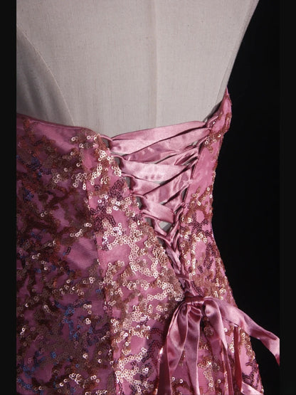 Vintage Meerjungfrauen-Abendkleid im 80er-Jahre-Stil, trägerlos, pinkfarben mit Pailletten und goldenen Perlen, Inspiration für das Outfit zum 20. Geburtstag, formelles Abendkleid AS317