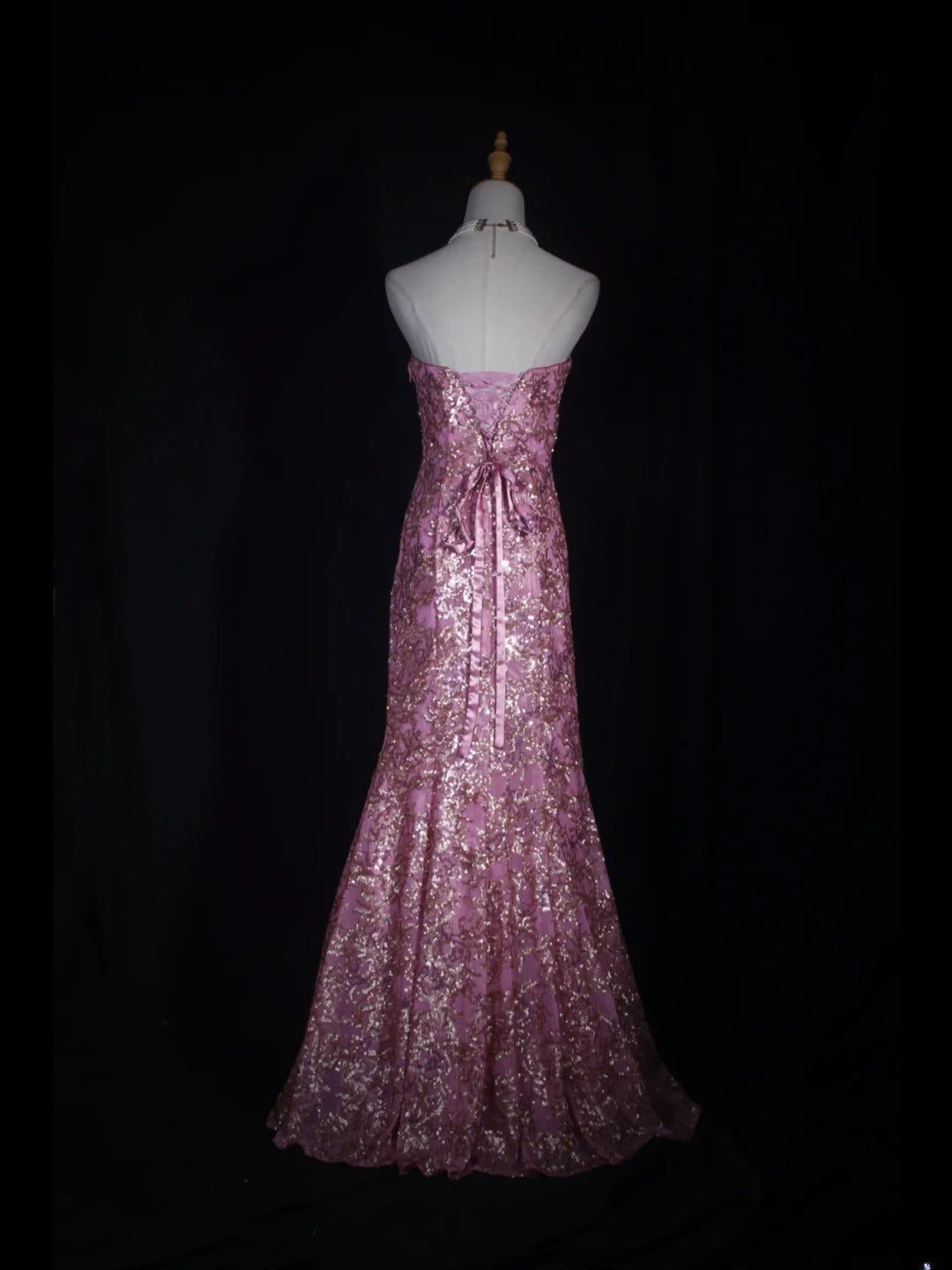 Vintage Meerjungfrauen-Abendkleid im 80er-Jahre-Stil, trägerlos, pinkfarben mit Pailletten und goldenen Perlen, Inspiration für das Outfit zum 20. Geburtstag, formelles Abendkleid AS317