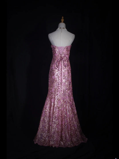 Vintage Meerjungfrauen-Abendkleid im 80er-Jahre-Stil, trägerlos, pinkfarben mit Pailletten und goldenen Perlen, Inspiration für das Outfit zum 20. Geburtstag, formelles Abendkleid AS317