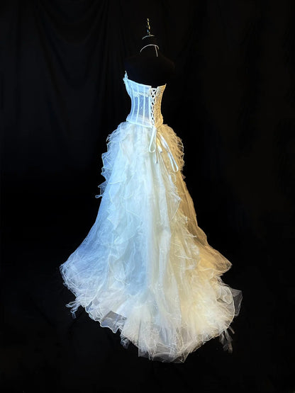 Modest Prom Dresses Ball Gown 2 Pieces White Tulle With Ruffled Layers Night Evening Formal Outfits RB6154