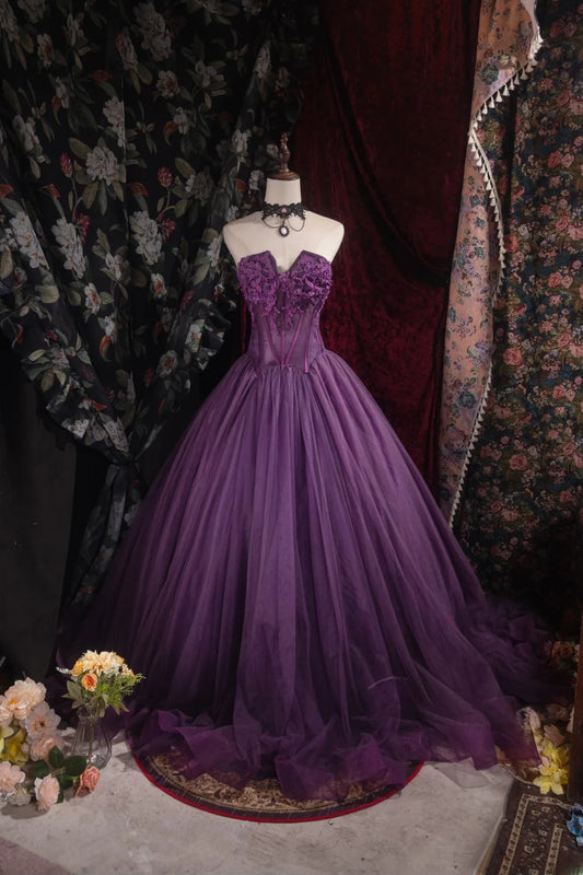 Cute Ball Gown Formal Events Strapless Purple Tulle With Appliqued Quince Dress Quinceanera Dresses Birthday Outfits RB8550