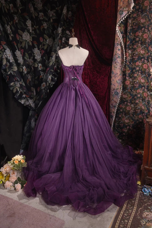 Cute Ball Gown Formal Events Strapless Purple Tulle With Appliqued Quince Dress Quinceanera Dresses Birthday Outfits RB8550