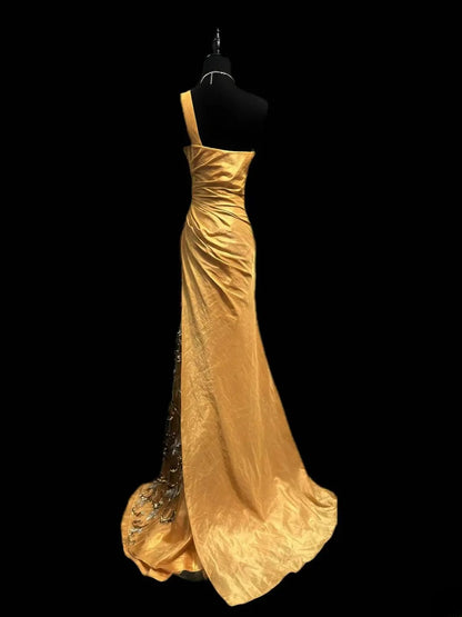 Vintage 80s Prom Dresses Mermaid One Shoulder Gold Taffeta With Beading Party Gown Formal Outfits RB6155
