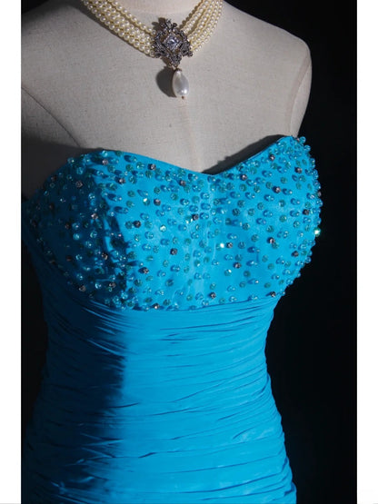 Retro-Etui-Kleid im 80er-Jahre-Stil aus blauem Chiffon mit Perlen und Lagenlook – Inspiration für den 22. Geburtstag – Abendkleid AS319