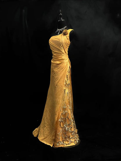 Vintage 80s Prom Dresses Mermaid One Shoulder Gold Taffeta With Beading Party Gown Formal Outfits RB6155