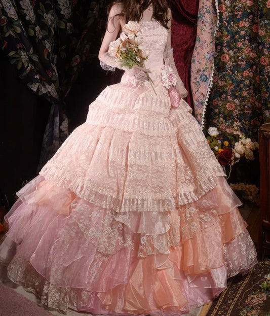 Timeless Ball Gown Formal Events Strapless Pink With Tiered Layers Lace Quince Dress Long Quinceanera Dresses Birthday Outfits RB8553
