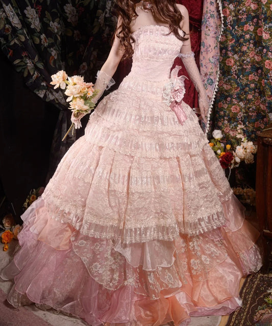 Timeless Ball Gown Formal Events Strapless Pink With Tiered Layers Lace Quince Dress Long Quinceanera Dresses Birthday Outfits RB8553