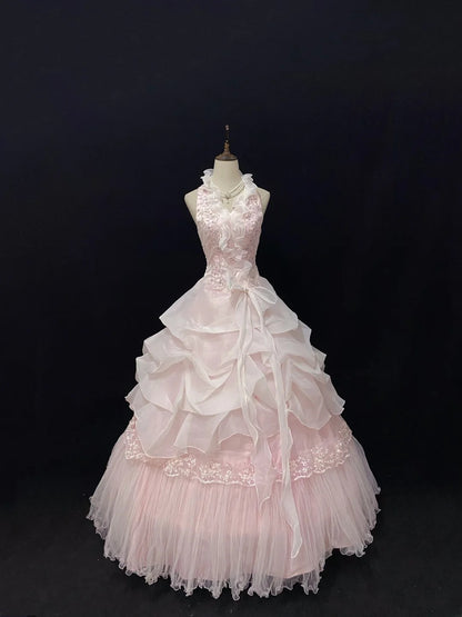 Sweet Ball Gowns Halter V Neck Light Pink Poofy Long With Lace Appliqued Quince Dress inspo Quinceanera Dresses Vestidos De 16 anos RB7771