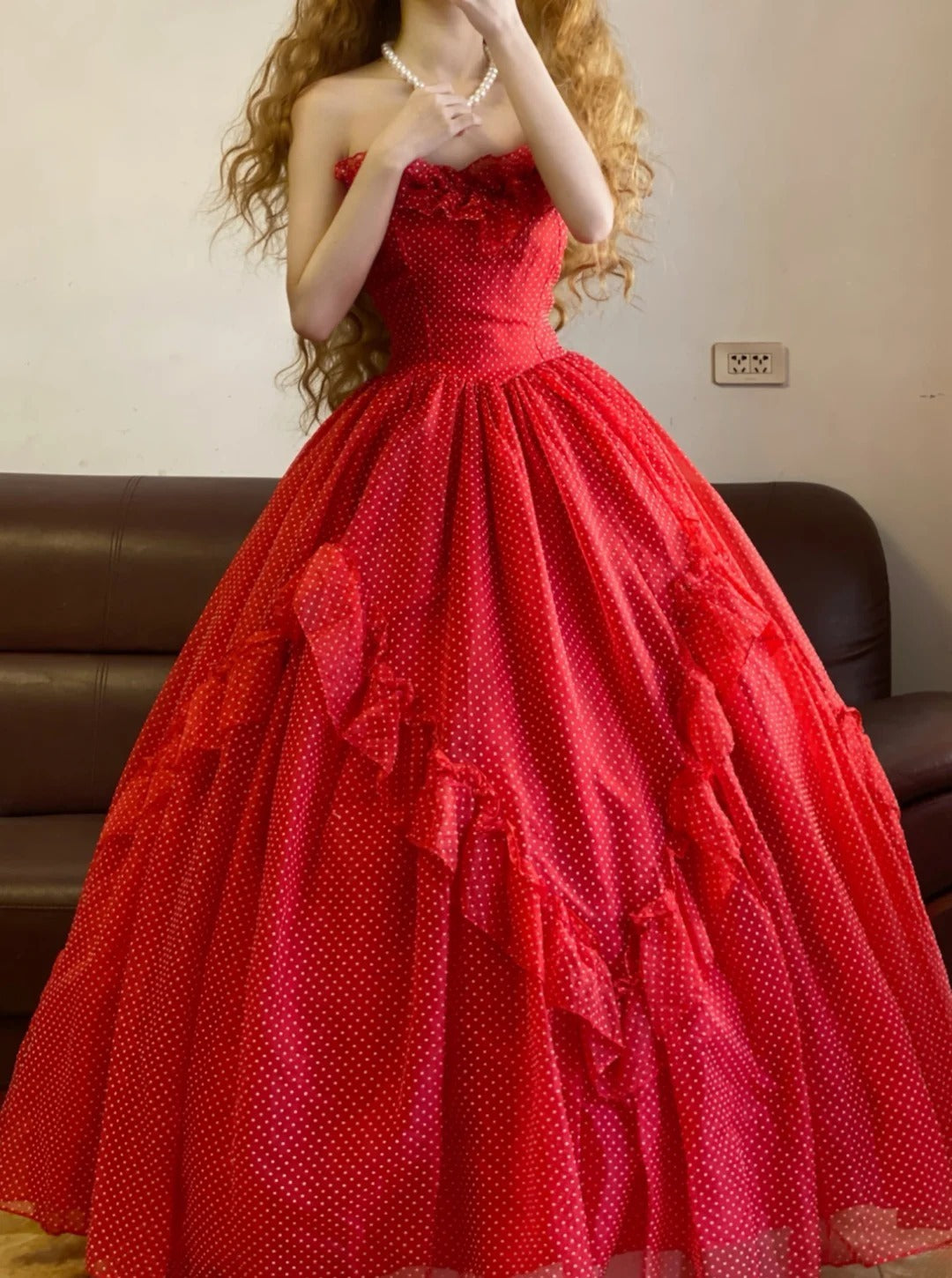 Prom Dress Elegant Ball Gown Strapless Red Polkad Dots Formal Evening Gown for Graduation Party RB9371
