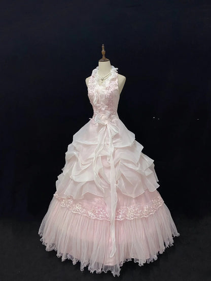 Sweet Ball Gowns Halter V Neck Light Pink Poofy Long With Lace Appliqued Quince Dress inspo Quinceanera Dresses Vestidos De 16 anos RB7771
