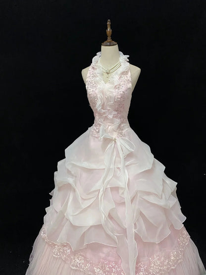 Sweet Ball Gowns Halter V Neck Light Pink Poofy Long With Lace Appliqued Quince Dress inspo Quinceanera Dresses Vestidos De 16 anos RB7771