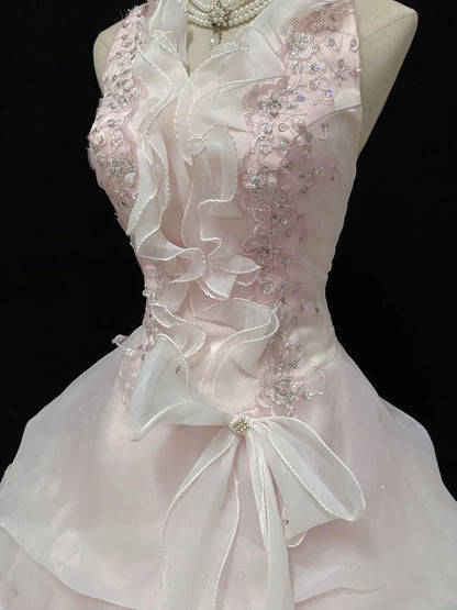 Sweet Ball Gowns Halter V Neck Light Pink Poofy Long With Lace Appliqued Quince Dress inspo Quinceanera Dresses Vestidos De 16 anos RB7771