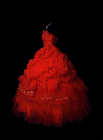 Cute Sweet 16 Dress Strapless Red Tiered Ruffled Ball Gown Sweet Sixteen Dress RC0021