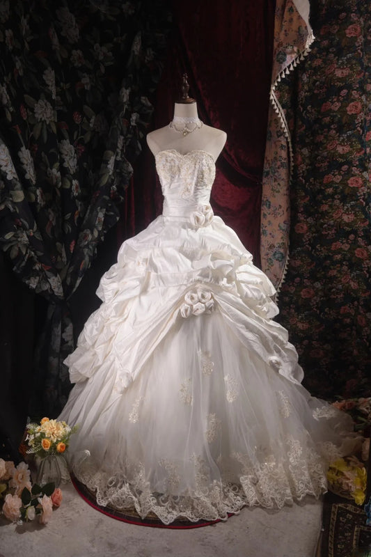Vintage-Ballkleid mit herzförmigem Ausschnitt aus Taft, 2000er Jahre, mit gestuften 3D-Blumen, langes Brautkleid für Herbst und Winter, Hochzeitskleider RB8554
