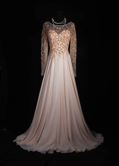 Retro-80er-Jahre-Abendkleid aus rosafarbenem Chiffon mit A-Linie, Rundhalsausschnitt, langen Ärmeln und Perlen – Inspiration für das Outfit zum 22. Geburtstag (AS323)