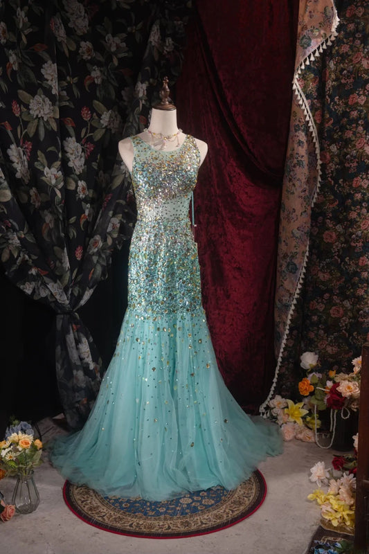 Chic Mermaid Scoop Tulle Blue With Beaded Crystals High School Dances Prom Dresses Formal Outfits Evening Gown RB8555