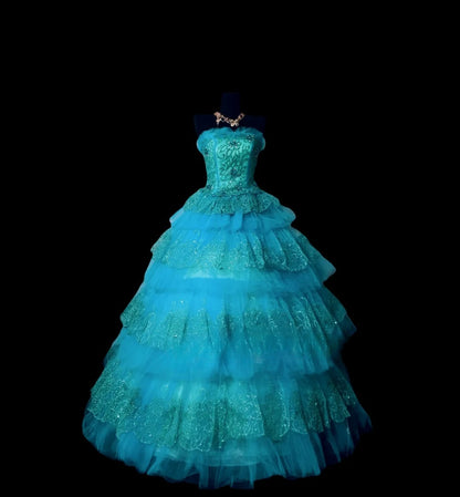 Cute Sweet 16 Dress Strapless Blue Tiered Ruffled Ball Gown Sweet Sixteen Dresses RC0022