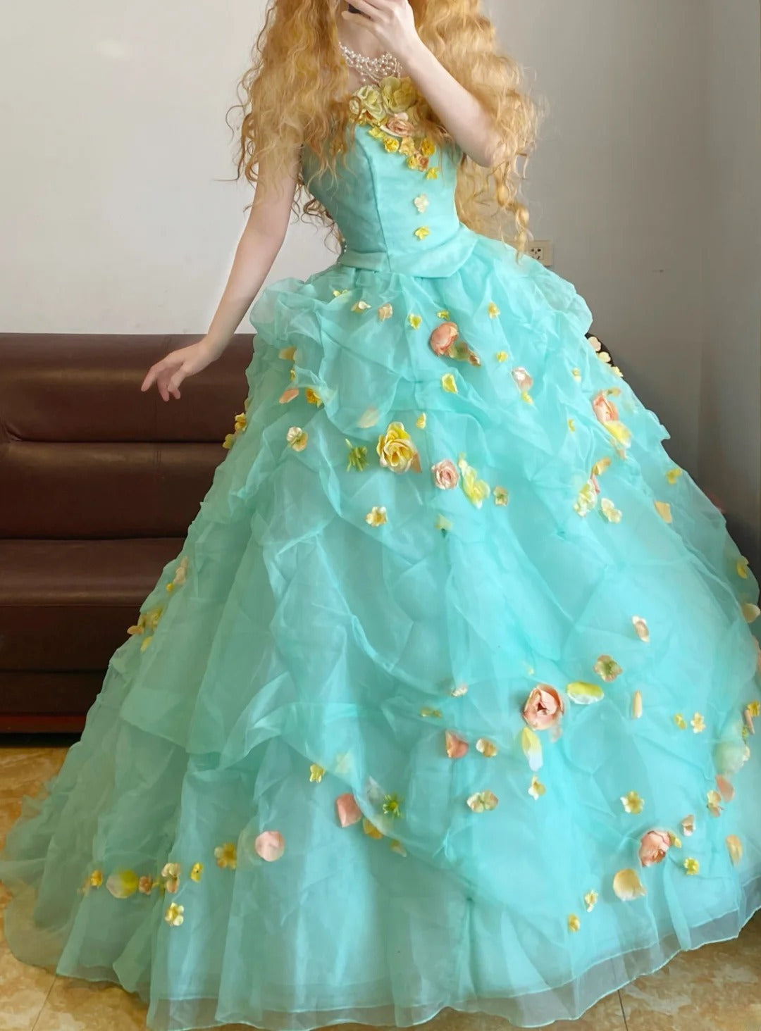 Ball Gown Strapless Blue With Flowers Sweet 16 Dress Sweet Sixteen Princess Dress RB9372