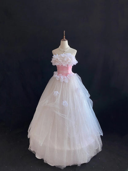 Sweet Ball Gowns Strapless Pink Poofy Long With 3D Flowers Quince Dress inspo Quinceanera Dresses Vestidos De 16 anos RB7773