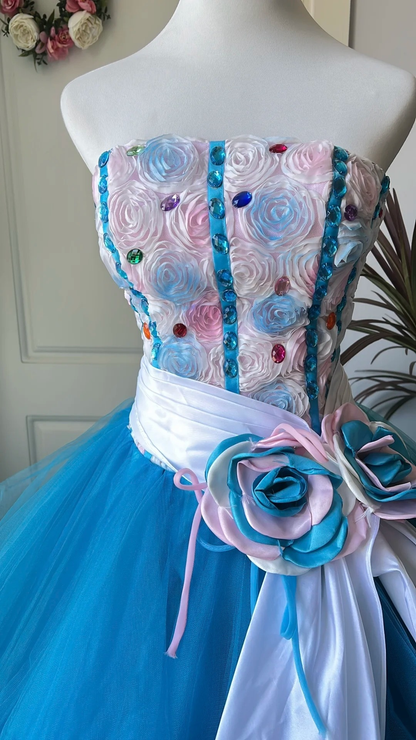 Sweet 15 Quinceanera Dress Ball Gown Strapless Blue Tulle With 3D Flowers Long 16th Birthday Outfits RC0651