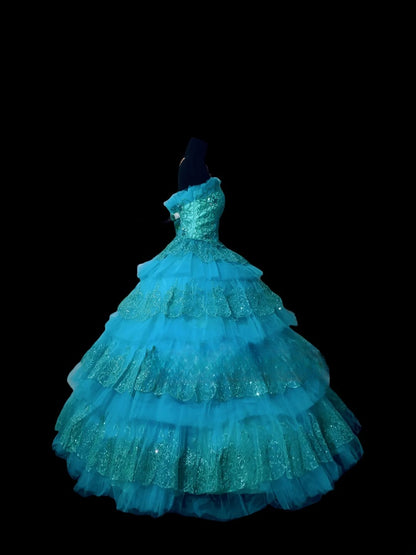 Cute Sweet 16 Dress Strapless Blue Tiered Ruffled Ball Gown Sweet Sixteen Dresses RC0022