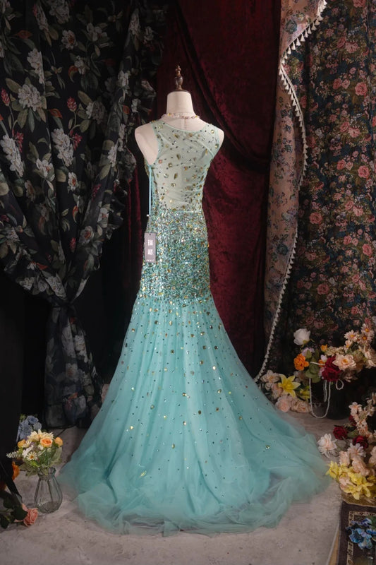 Chic Mermaid Scoop Tulle Blue With Beaded Crystals High School Dances Prom Dresses Formal Outfits Evening Gown RB8555