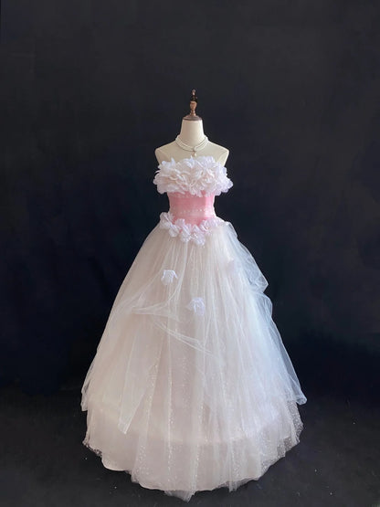 Sweet Ball Gowns Strapless Pink Poofy Long With 3D Flowers Quince Dress inspo Quinceanera Dresses Vestidos De 16 anos RB7773