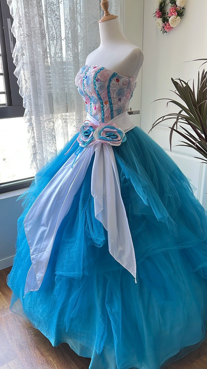 Sweet 15 Quinceanera Dress Ball Gown Strapless Blue Tulle With 3D Flowers Long 16th Birthday Outfits RC0651