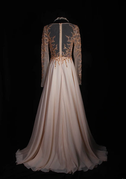 Retro-80er-Jahre-Abendkleid aus rosafarbenem Chiffon mit A-Linie, Rundhalsausschnitt, langen Ärmeln und Perlen – Inspiration für das Outfit zum 22. Geburtstag (AS323)