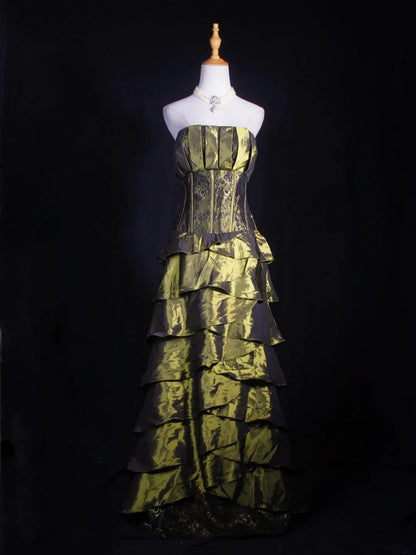 Vintage-Ballkleid, trägerlos, olivgrün, Taft, 1970er Jahre, mit Rüschen und Perlenbesatz am Oberteil, langes Abendkleid, Inspiration für den 18. Geburtstag, formelles Kleid AS324