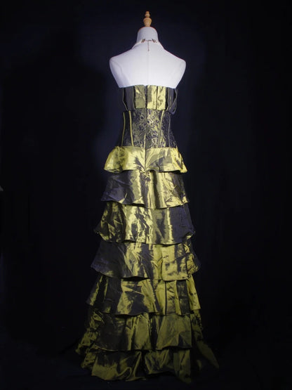 Vintage-Ballkleid, trägerlos, olivgrün, Taft, 1970er Jahre, mit Rüschen und Perlenbesatz am Oberteil, langes Abendkleid, Inspiration für den 18. Geburtstag, formelles Kleid AS324