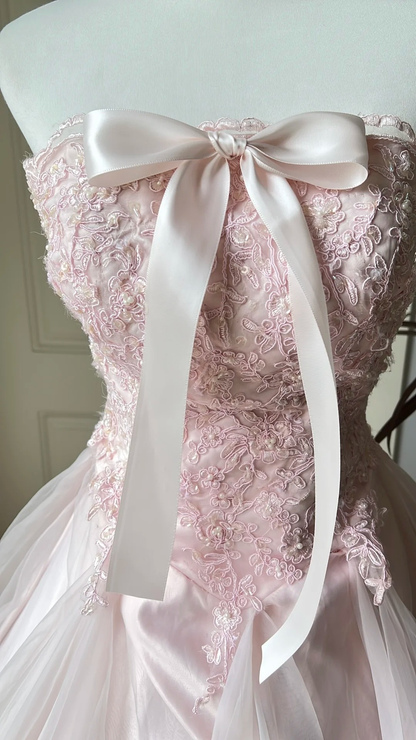 Sweet 15 Quinceanera Dress Ball Gown Strapless Pink Tulle With Lace Layers Long 16th Birthday Outfits RC0653