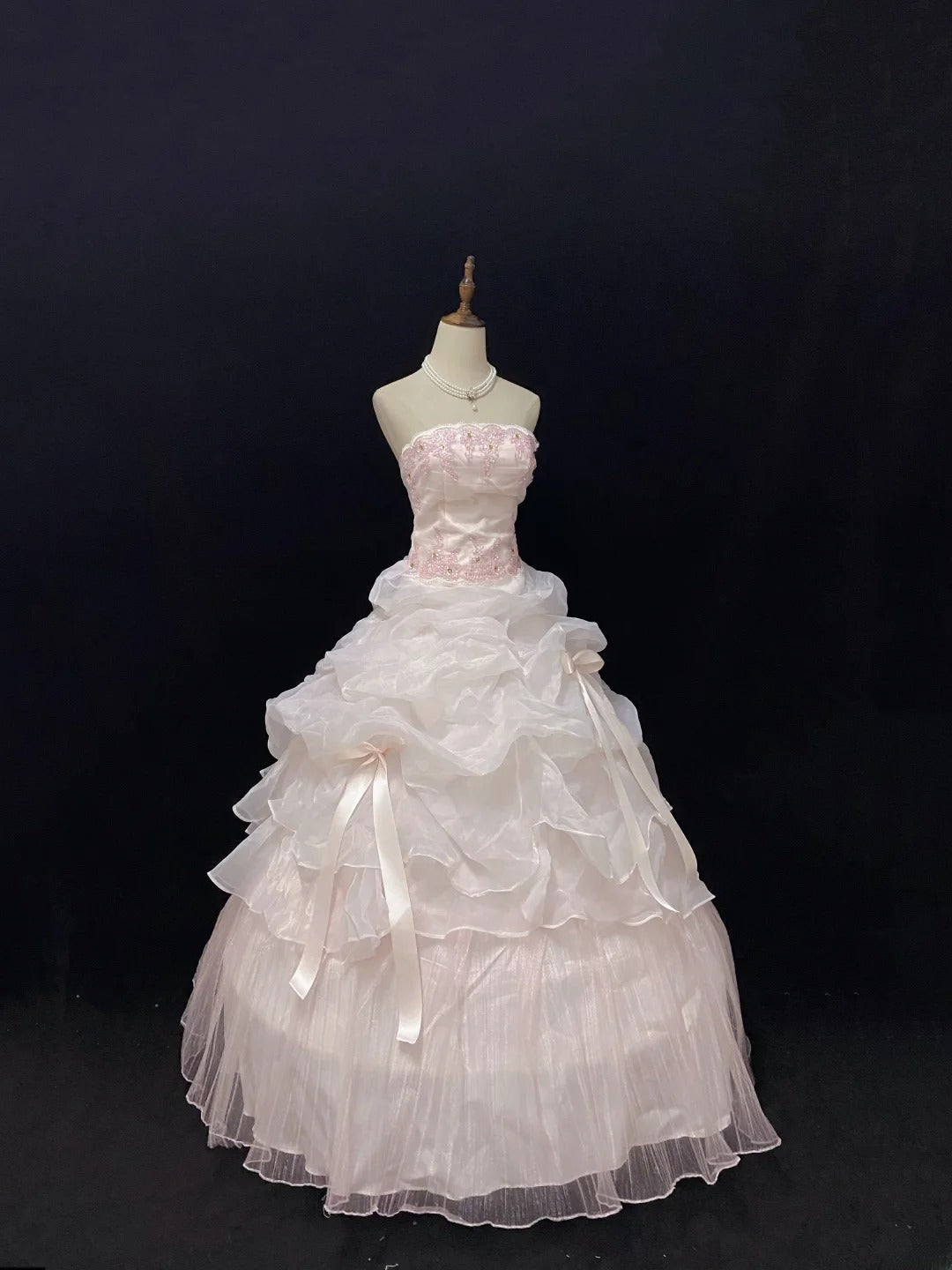 Dreamy Ball Gowns Strapless Pink Organza Poofy Long With Lace Quince Dress inspo Quinceanera Dresses Vestidos De 16 anos RB7775