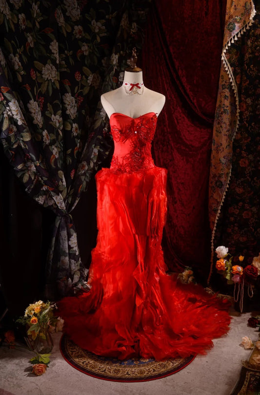 Chic Sheath Strapless Red Tulle With Beaded Crystals High School Dances Prom Dresses Formal Outfits Evening Gown RB8557