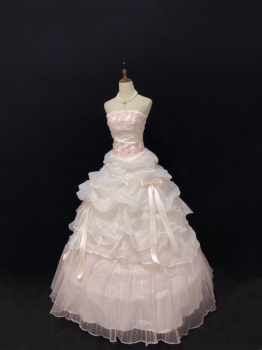 Dreamy Ball Gowns Strapless Pink Organza Poofy Long With Lace Quince Dress inspo Quinceanera Dresses Vestidos De 16 anos RB7775