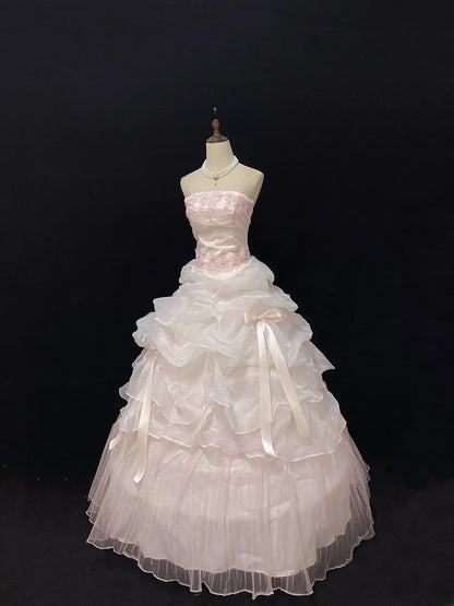 Dreamy Ball Gowns Strapless Pink Organza Poofy Long With Lace Quince Dress inspo Quinceanera Dresses Vestidos De 16 anos RB7775