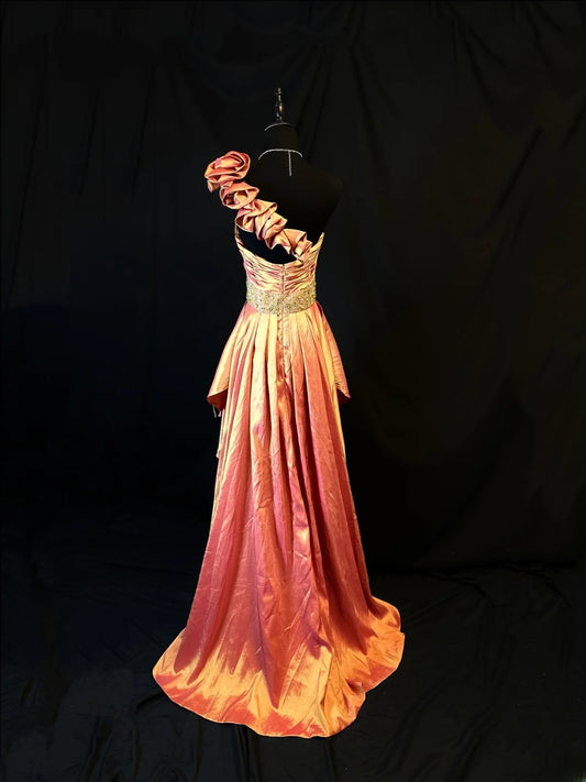 Vintage 80s Prom Dresses High Low One Shoulder Taffeta With Beading Party Gown Formal Outfits RB6162