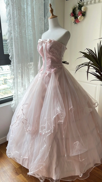 Sweet 15 Quinceanera Dress Ball Gown Strapless Pink Tulle With Lace Layers Long 16th Birthday Outfits RC0653