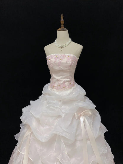 Dreamy Ball Gowns Strapless Pink Organza Poofy Long With Lace Quince Dress inspo Quinceanera Dresses Vestidos De 16 anos RB7775