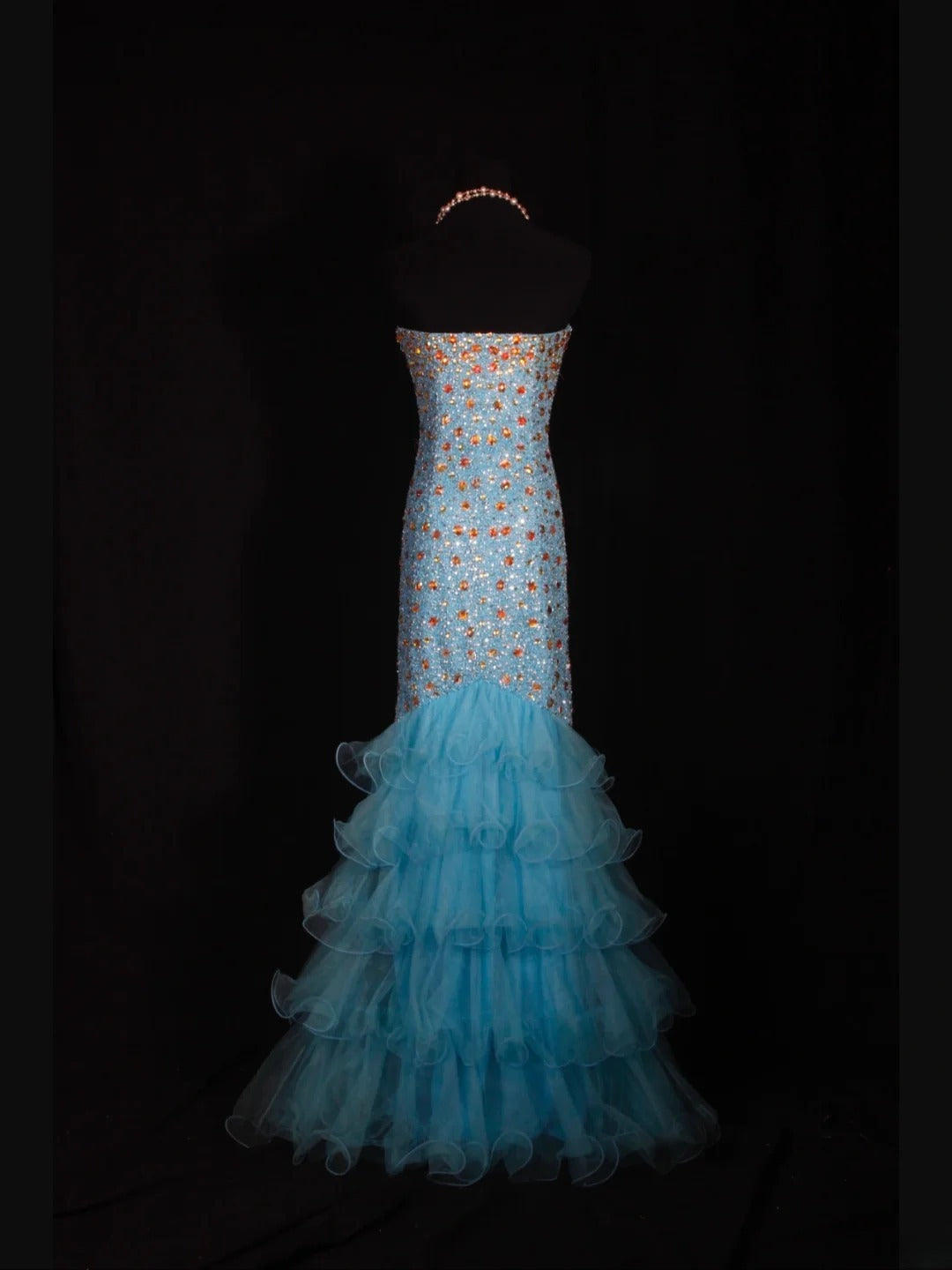Vintage Meerjungfrauen-Abendkleid im 80er-Jahre-Stil mit blauen Perlen und goldenen Pailletten – Inspiration für das Outfit zum 20. Geburtstag – Abendkleid AS325