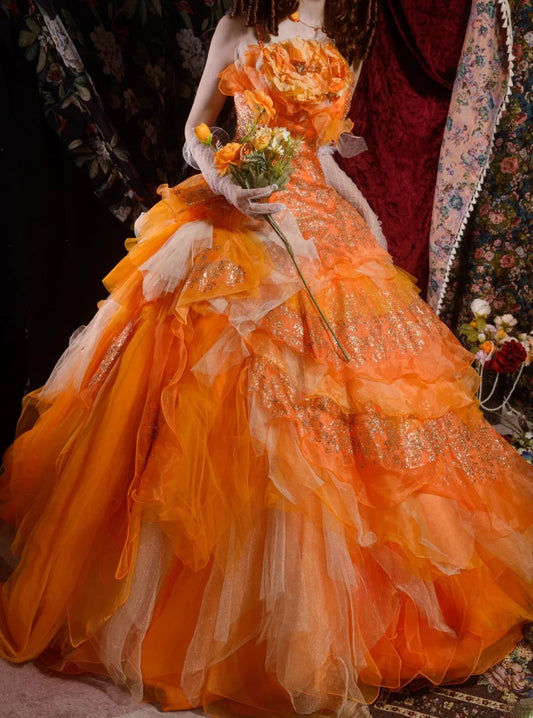Timeless Ball Gown Formal Events Spaghetti Straps Orange With Tiered Layers Quince Dress Long Quinceanera Dresses Birthday Outfits RB8558