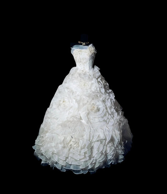 Cute Sweet 16 Dress Strapless White Flowers Ruffled Ball Gown Sweet Sixteen Dresses RC0025