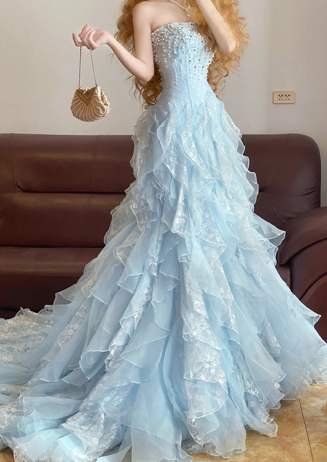 Prom Dress Elegant Mermaid Strapless Light Sky Blue With Tiered Formal Evening Gown for Graduation Party RB9374