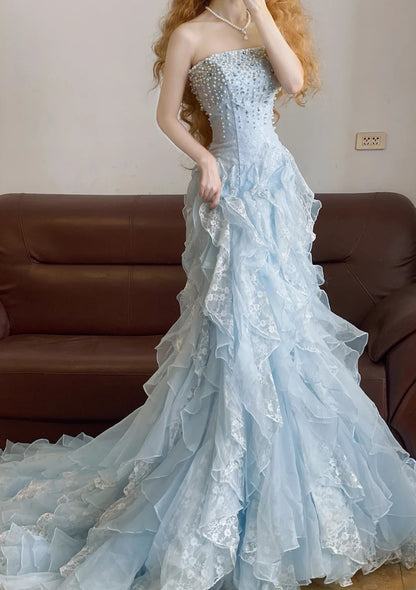 Prom Dress Elegant Mermaid Strapless Light Sky Blue With Tiered Formal Evening Gown for Graduation Party RB9374