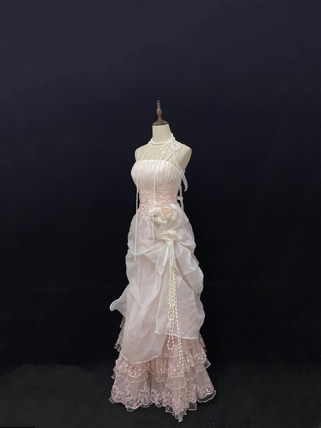 Modest A line Spaghetti Straps Pink With Ruffled Beads Lace Long Prom Dresses Formal Outfits Evening Night Dress RB7776