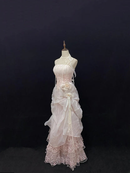 Modest A line Spaghetti Straps Pink With Ruffled Beads Lace Long Prom Dresses Formal Outfits Evening Night Dress RB7776